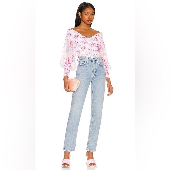 BB Dakota Off the Shoulder Top Large Smocked Blouson Sleeve Floral Boho Spring - Picture 3 of 11